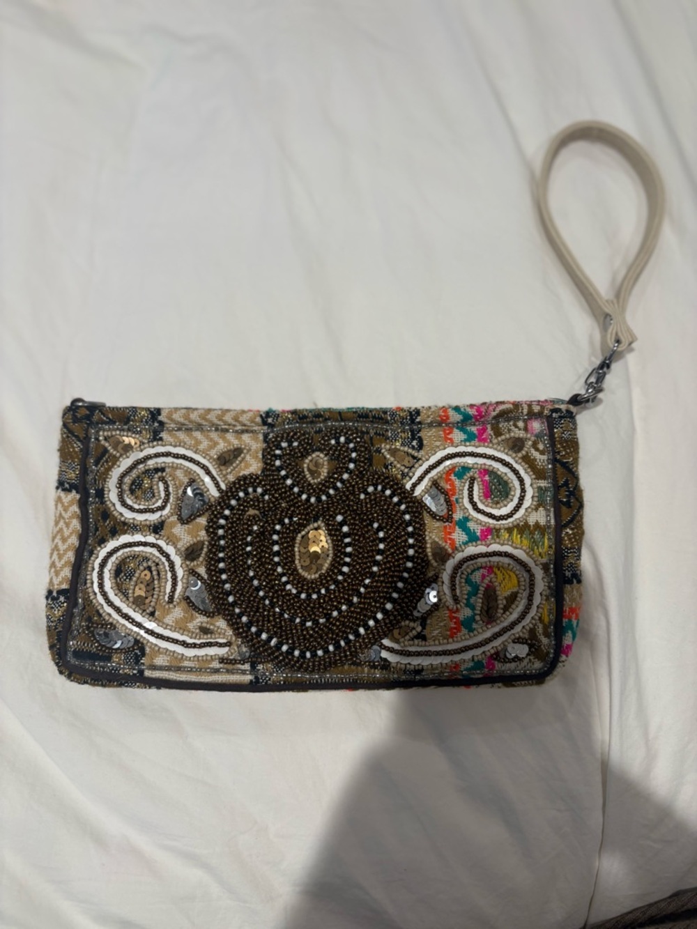 Beaded Boho Wristlet Clutch - Neutral Multicolor - NEW